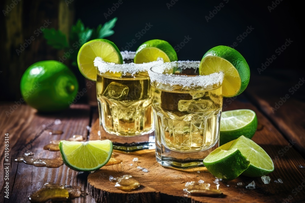 Luxurious alcoholic Mexican tequila with lime and salt on rustic wood space for text Luxurious alcoholic Mexican tequila with lime and salt on rustic wood space for text