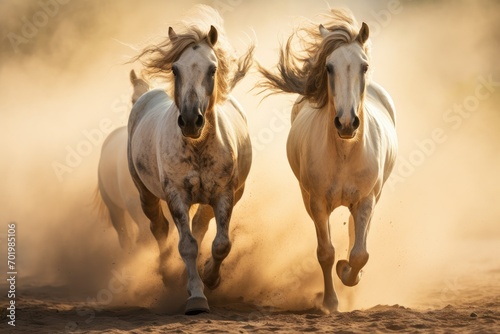 Long maned horses galloping in desert dust © LimeSky