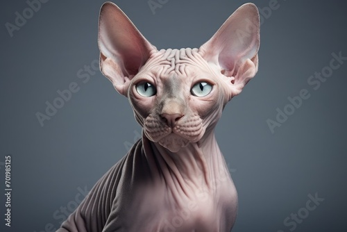 Luxurious and amusing sphynx cat posing alone on gray backdrop Depicts motion pets affection and animal existence Ample space for advertising photo