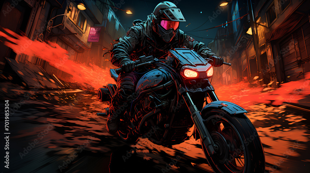 Men riding a motorcycle, motorbike chopper, night rider flames