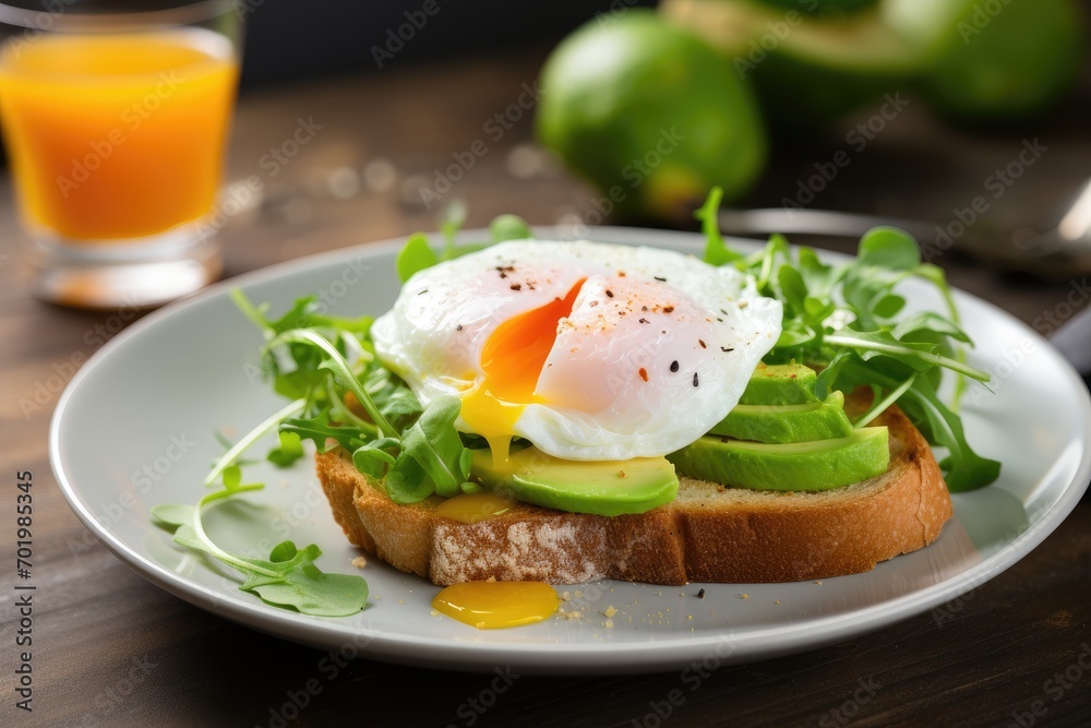 Nutritious breakfast featuring wholemeal bread toast poached egg green salad avocado peas orange juice and slices