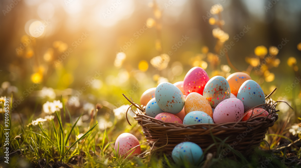 colorful easter eggs in a basket on the meadow - obrazy, fototapety, plakaty 