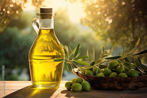 Olive oil in glass container on table with olives in field of olive trees bathed in sunlight