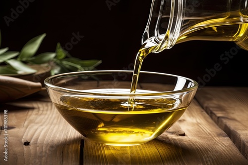 Olive oil is poured into a glass bowl on a wooden background