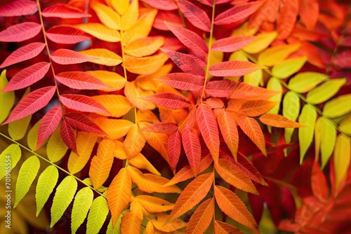 Rhus typhina Staghorn sumac Anacardiaceae displays autumn colors red orange yellow green leaves on a natural textured background photo