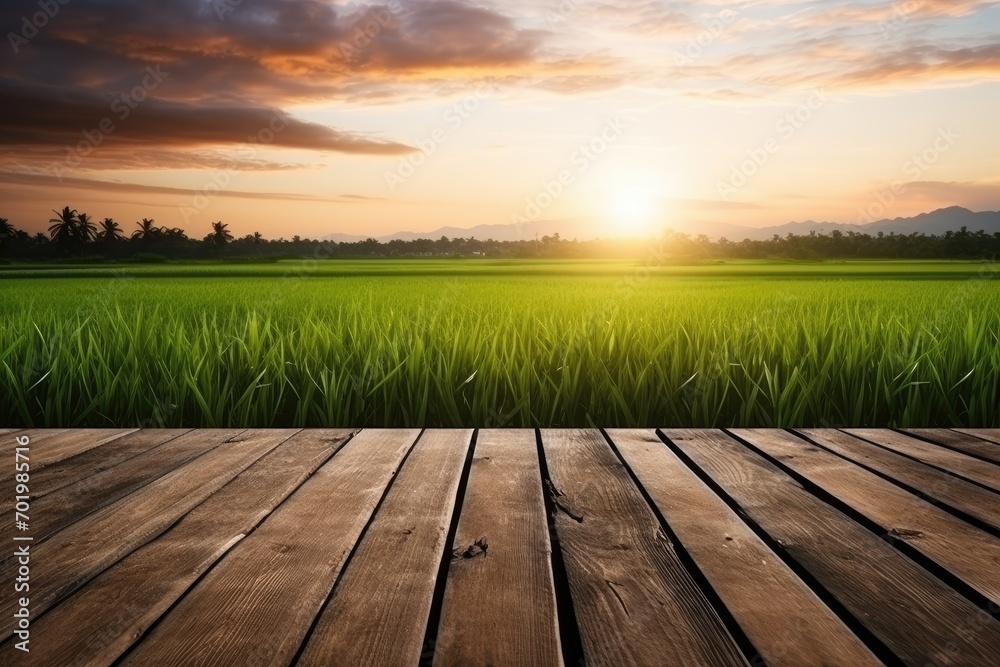 Sunset beams on the green rice field beside the old wooden floor