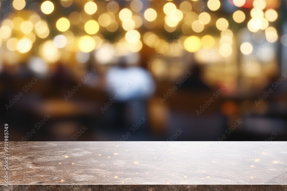 Table with empty marble top in a coffee shop background suitable for product display or online advertising banner in business presentations