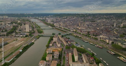 Rouen, France, Aerial view of the city panorama of Rouen at sunset. Old tourist town on the river Seine bank in France photo
