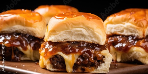 Pictureperfect sliders from a gourmet burger truck, featuring juicy, handformed mini patties sandwiched between a fluffy brioche bun, accompanied by a medley of caramelized onions, melted photo