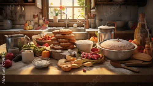 A 3D-rendered kitchen counter with ingredients arranged for baking Apfelkuchen zum Erntedankfest