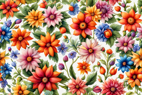 Seamless vibrant colorful flowers pattern. Fantasy floral wallpaper. Generative ai