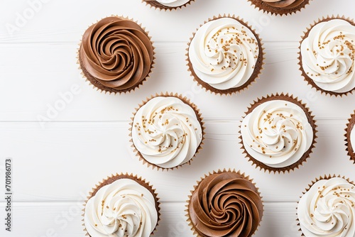 Fotografia Top down photo of cupcakes with chocolate and vanilla whipped cream on a white w