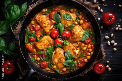 Top view close up of a chickpea and chicken curry cooked on a frying pan with boneless chicken thighs cherry tomatoes and baby spinach on a black wooden bac