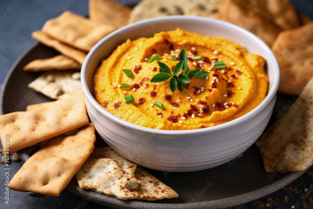 Top view of carrot hummus with paprika and sumac spices served on a stone table with seed crackers Top view of carrot hummus with paprika and sumac spices served on a stone table with seed crackers