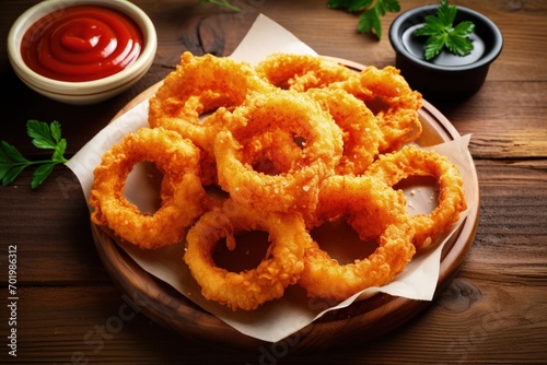 Top view of crispy homemade onion rings with tomato sauce on a wooden table