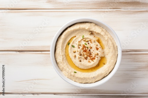 Top view of homemade hummus on white wooden background