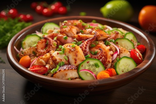 A tantalizing bowl showcasing tender octopus chunks, marinated in a tantalizing blend of citrusy lemon juice, garlic, and a pinch of sea salt. The perfectly cooked seafood is nestled a vibrant