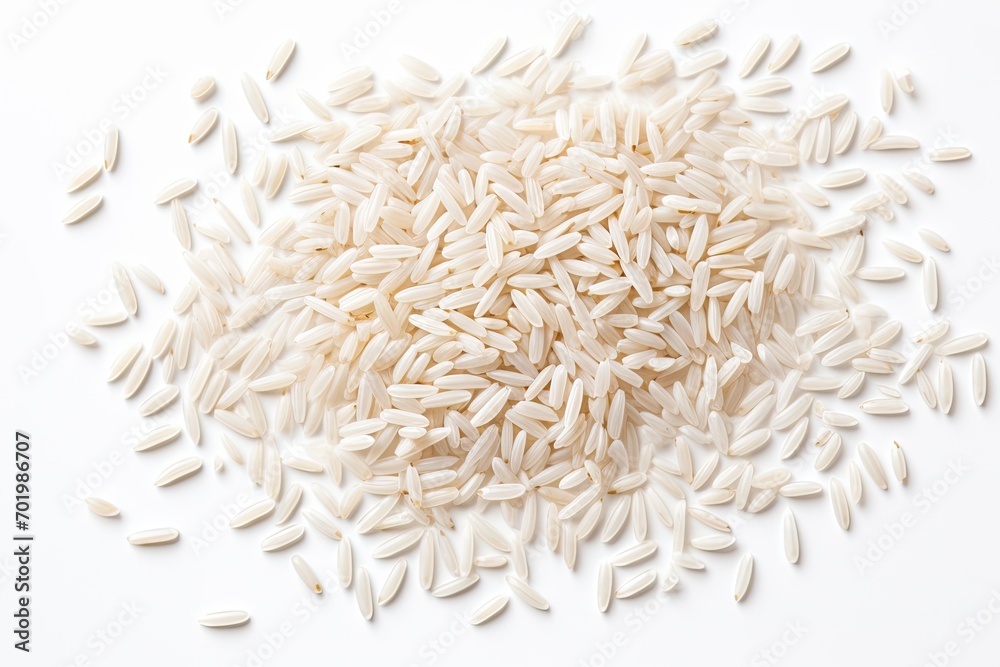White background Top view Flat lay of isolated rice grains
