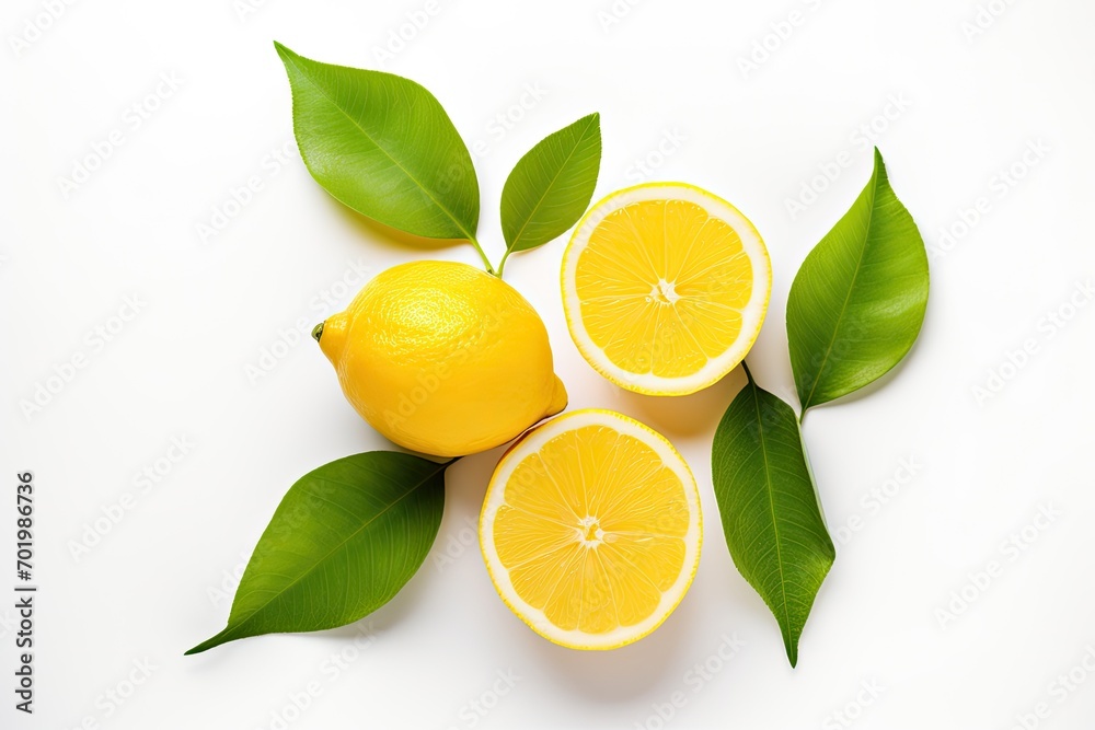 White background with isolated fresh lemon and leaves White background with isolated fresh lemon and leaves