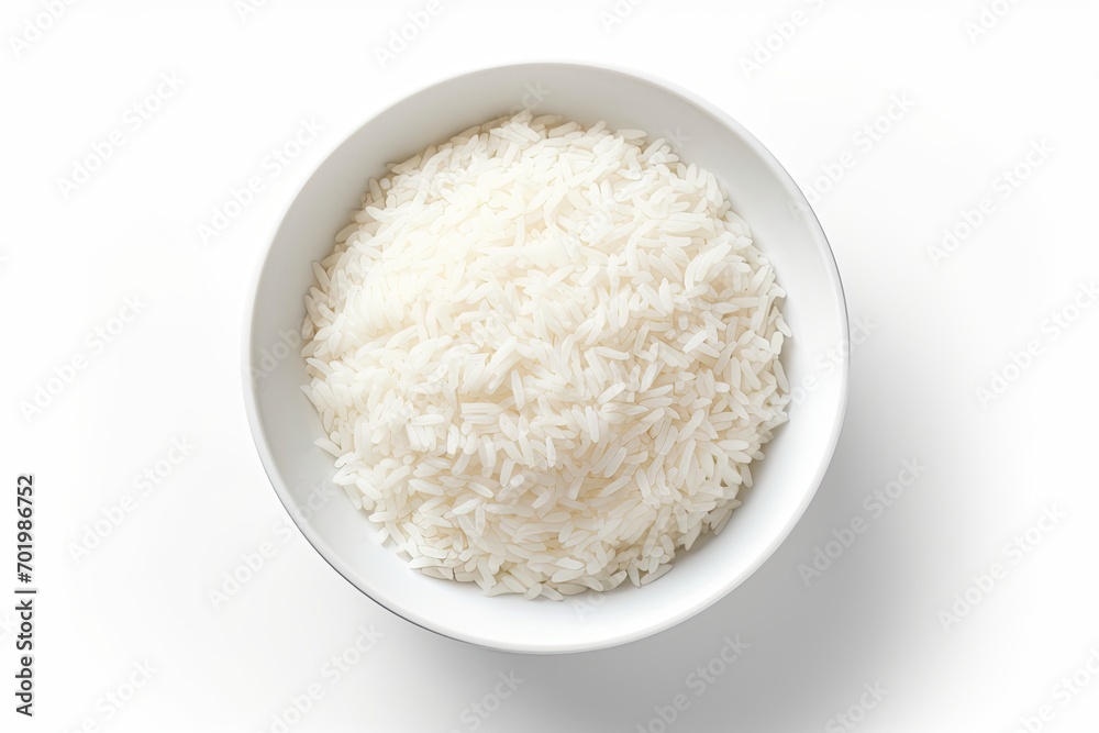 White plate with cooked rice viewed from above set on a white background White plate with cooked rice viewed from above set on a white background