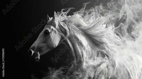 photogram of a horse running  abstract   with smoke  black and white  copy space