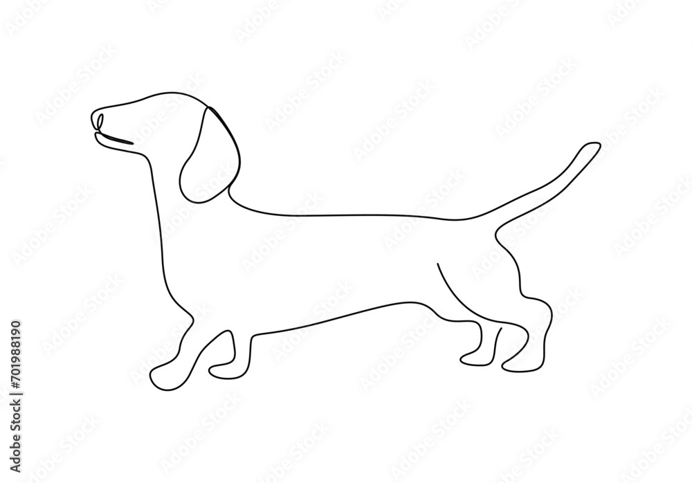 Continuous one line drawing of cute dachshund dog for logo identity. Isolated on white background vector illustration. Pro vector. 