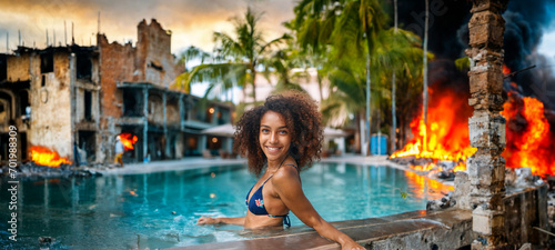 brazen social media influencer, young attractive woman, posing in the swimming pool despite disaster, fictional location