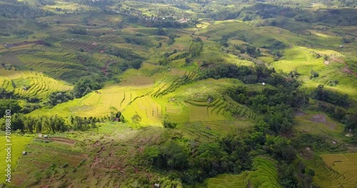 Aerial View of beautiful Lodok Cimpar Carep terrace rice fields on the outskirts of Ruteng, East Nusa Tenggara, Indonesia. photo
