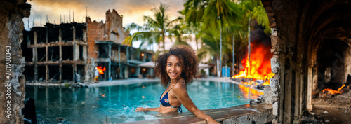 brazen social media influencer, young attractive woman, posing in the swimming pool despite disaster, fictional location
