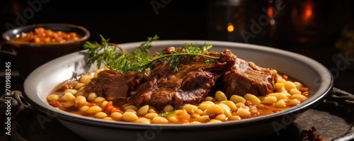 A closeup shot of a fragrant plate of porotos con riendas captures the essence of this ribsticking stew. Hearty white beans mingle with al dente pasta, creating a delightful textural contrast. photo