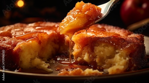 A rendered close-up of a fork slicing through a piece of Apfelkuchen zum Erntedankfest, capturing the gooey texture of baked apples. photo