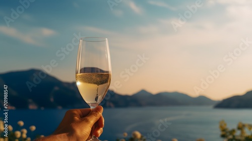 A man's hand holds a glass of champagne against the backdrop of the sea and mountains. Vacation concept