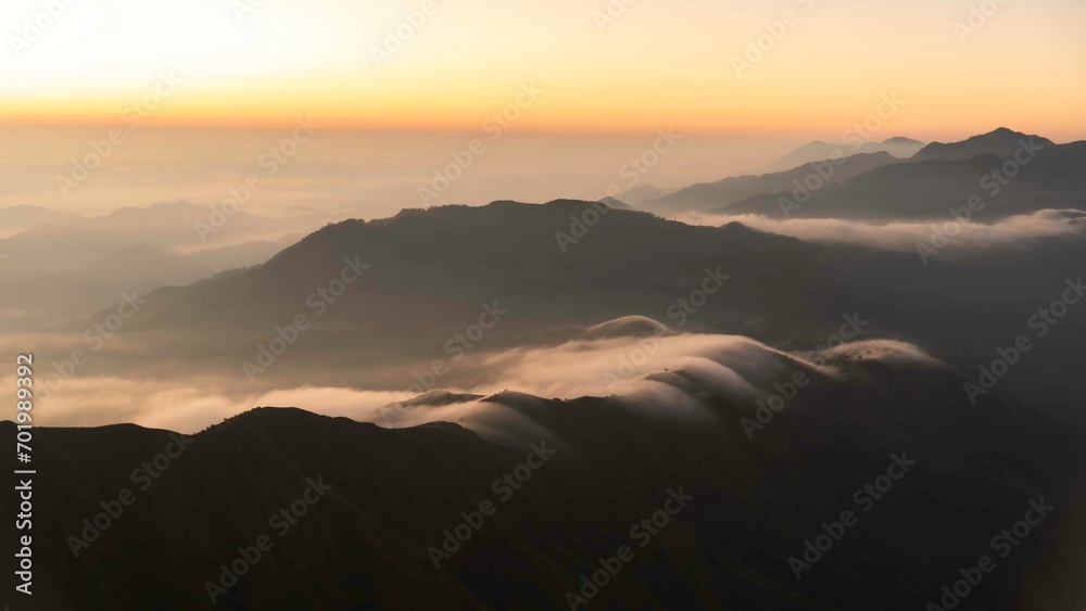 Misty and cloudy landscape, mountains, valleys, Beautiful golden fields in the morning in Myanmar