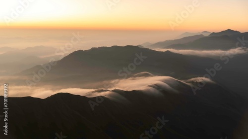 Misty and cloudy landscape, mountains, valleys, Beautiful golden fields in the morning in Myanmar