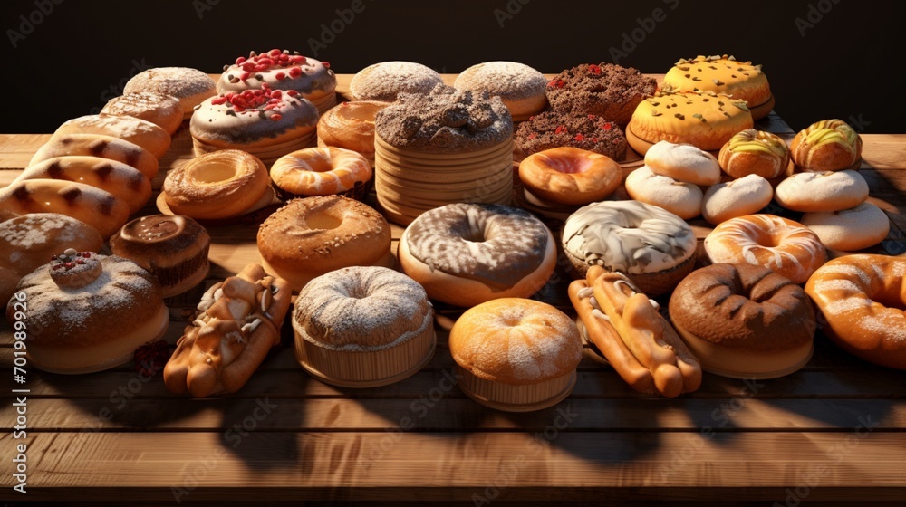 A virtual bakery display with an assortment of 3D-rendered Apfelkuchen zum Erntedankfest in various sizes.