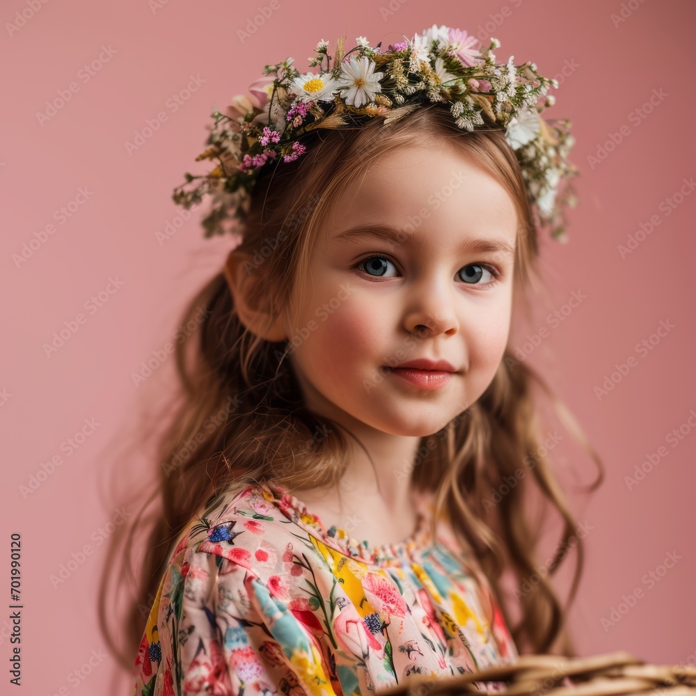 Cute Little Girl with Easter Concept on a Flat Background Cute Little Girl with Easter Concept on a Flat Background
