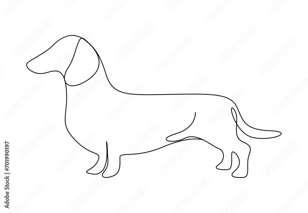 Single continuous line drawing of funny dachshund dog. Isolated on white background vector illustration. Premium vector. 