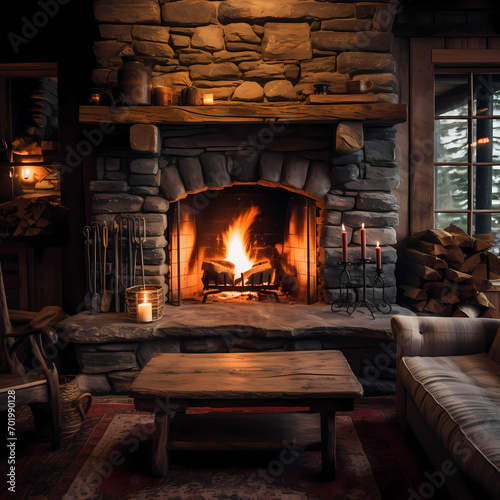 A cozy fireplace in a mountain cabin.