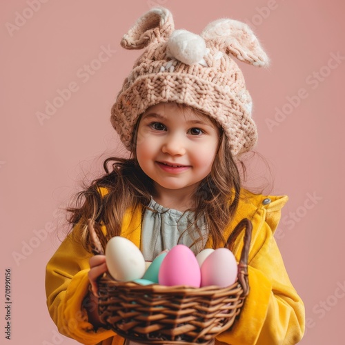 Cute Little Girl with Easter Concept on a Flat Background