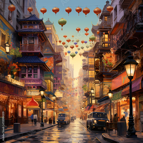 A bustling Chinatown with colorful lanterns.