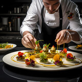 A chef presenting a beautifully plated gourmet dish.