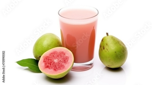 organic guava juice in glass cup on white background with fresh guava,Fresh guava juice and pink guava fruit