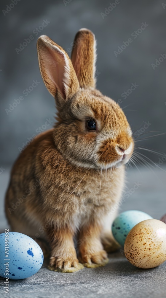 Easter Bunny Rabbit with Eggs on a Gray Background