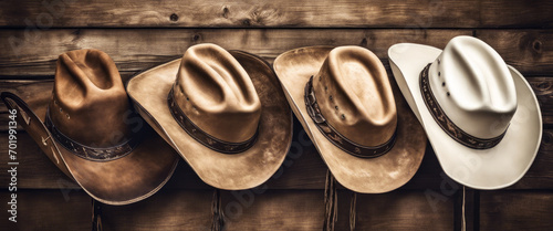 Four cowboy hats of different colors and textures, placed in a row against a wooden backdrop. photo