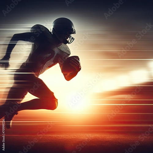 American football player running fast with ball, blurred background. photo