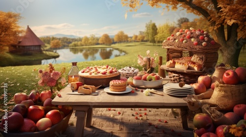 An autumn-themed 3D-rendered picnic scene featuring a delicious Apfelkuchen zum Erntedankfest as the centerpiece.