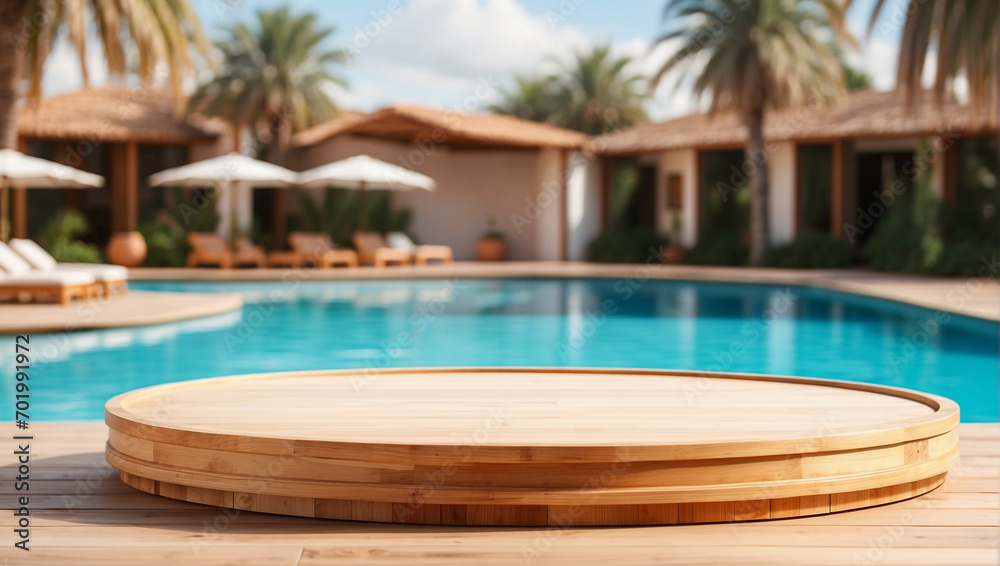 wooden podium  for product presentation on blurred swimming pool background