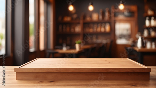 wooden podium  for product presentation on blurred coffee cafe background © adynue