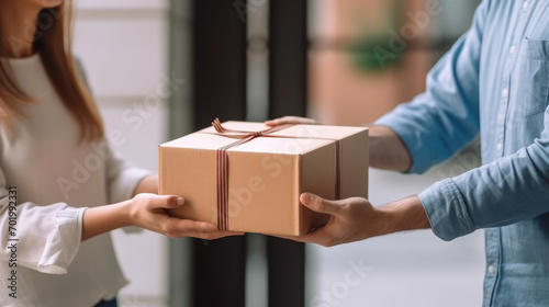 Close-up of delivery man delivering holding parcel box to customer. Delivery man and parcel box, parcels or customer goods in transit services.