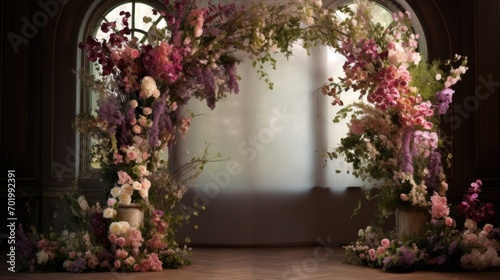 A whimsical arch of various types of blossoms and greenery creates a dreamy setting, with a central podium adorned with a garland of the same delicate flowers.